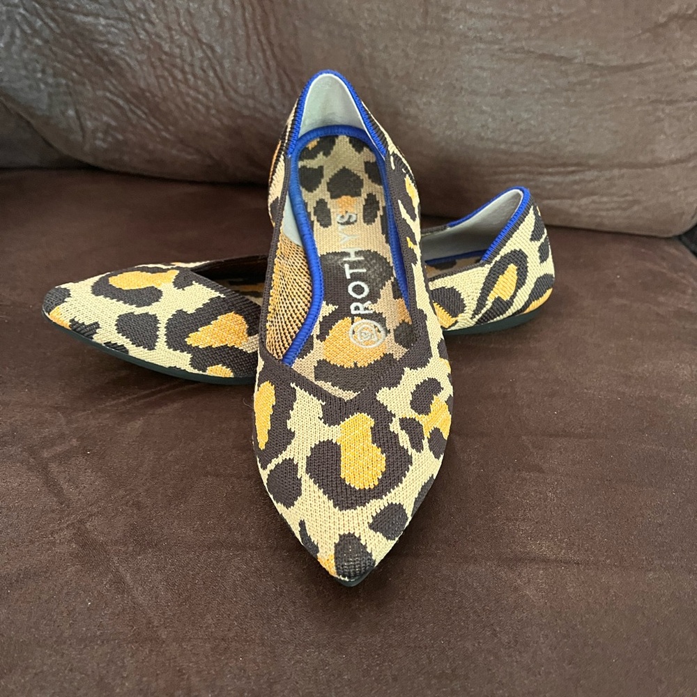 Rothy's Leopard Print Pointed Flats with Blue Trim